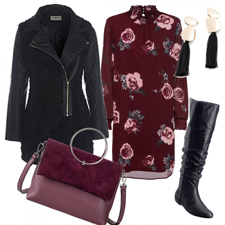 Outfit donna - I fiori in inverno. Stile Basic per Tutti i giorni. Abbinamento con stivali sopra il ginocchio, slip, borsa a mano con tracolla regolabile viola, costumi interi, cappotto a maniche lunghe nero.