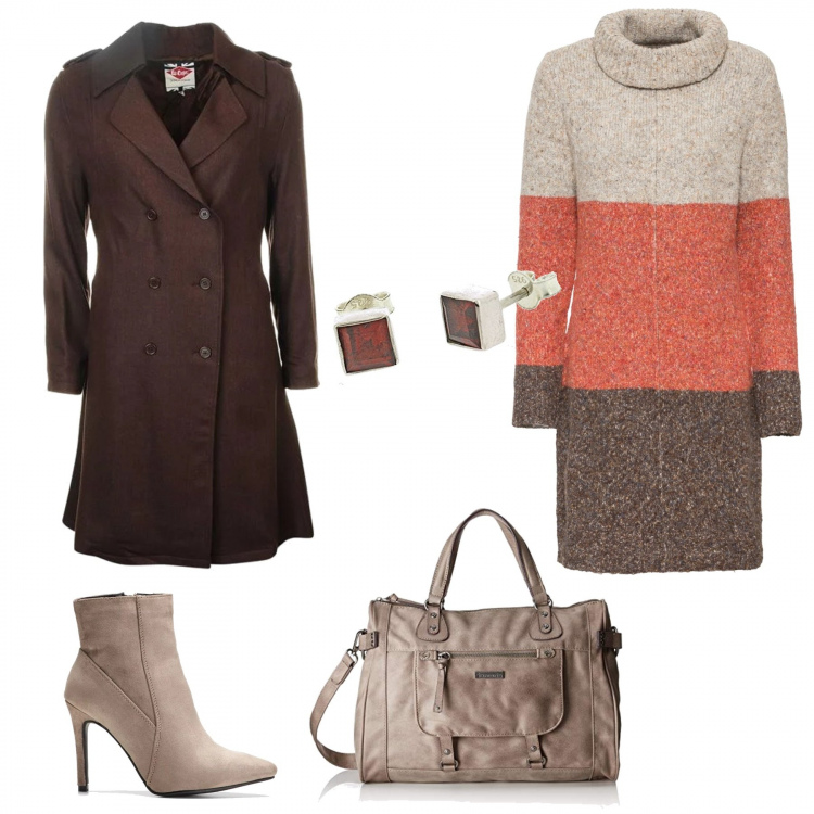 Outfit donna - Vestito di lana. Stile Basic per Tutti i giorni. Abbinamento con vestiti, stivaletti con tacco alto e zip grigio, borsa a mano grigio, trench, orecchini.