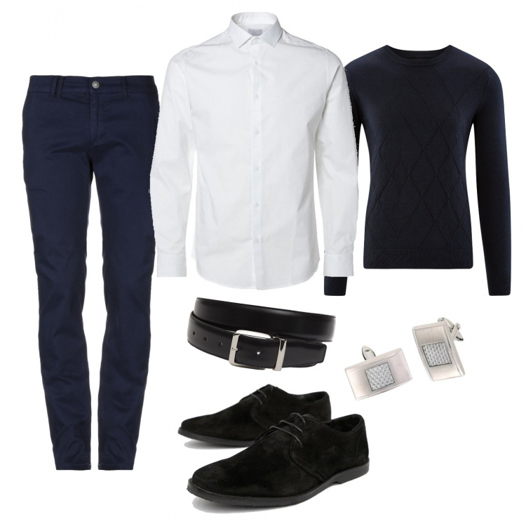 Outfit hombre - Urban #1201. Estilo Urban para Noche especial. Combinación con pantalone oxford jersey, gemelos, camisas, cinturones, scarpe derby, chino.