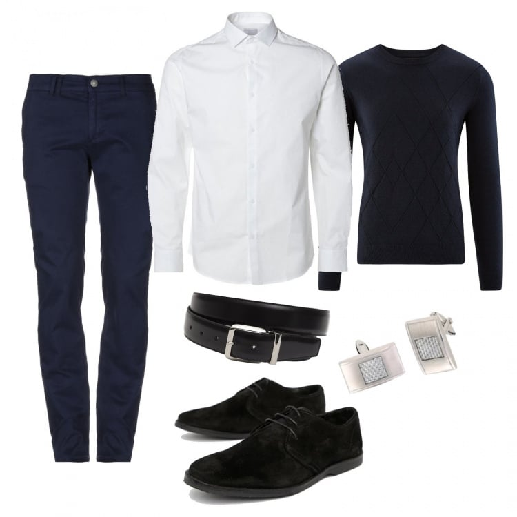 Outfit hombre - Urban #1201. Estilo Urban para Noche especial. Combinación con pantalone oxford jersey, gemelos, camisas, cinturones, chino, scarpe derby.