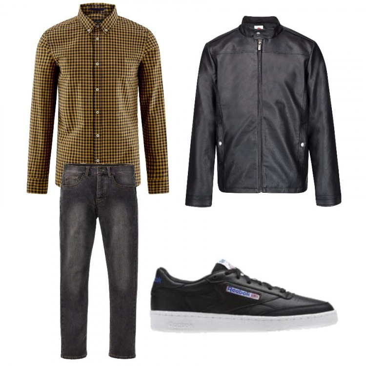 Outfit uomo - Casual. Stile Casual per Serata speciale. Abbinamento con camicia taglio dritto a quadri colletto punta in denim aderente giallo, sneakers con punta tonda nero, giacca nero, felpa taglio dritto in denim con bottoni grigio.