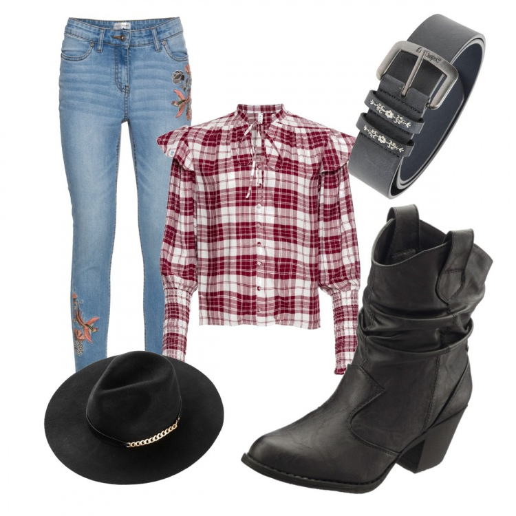 Outfit donna - Stile texano. Stile Basic per Tutti i giorni. Abbinamento con stivaletti texani, camicia, jeans elasticizzato con ricamo blu, cappello con catena in pelle sintetica nero, cintura stile militare con fibbia in denim nero.