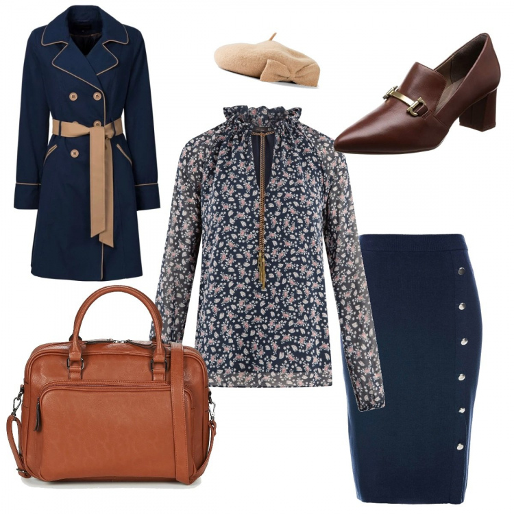 Outfit donna - Bon Ton #14339. Stile Bon Ton per Ufficio. Abbinamento con trench, gonna in in maglia blu, sciarpa copricapo con fiocco marrone, borsa, camicie, mocassini.