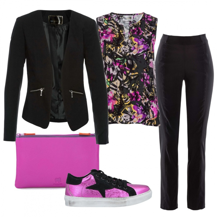 Outfit donna - Rosa shocking. Stile Basic per Tutti i giorni. Abbinamento con blazer, blusa senza maniche verde, pantaloni, sneakers tennis, shopping bag rosa.