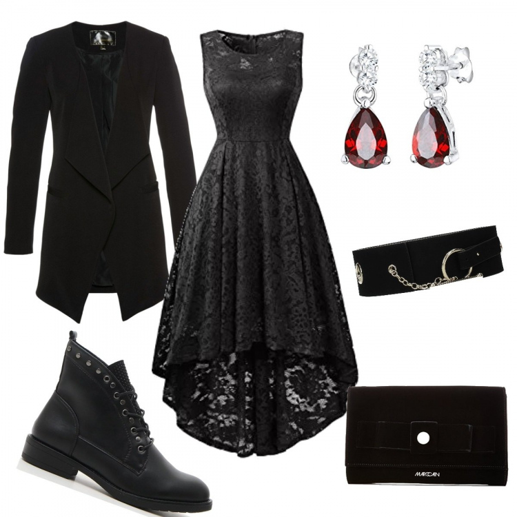 Outfit donna - Strega o vampiro. Stile Rock per Serata fuori. Abbinamento con blazer, cintura con strass nero, vestito con pizzo vita alta senza maniche, stivaletti, shopping bag, orecchini.