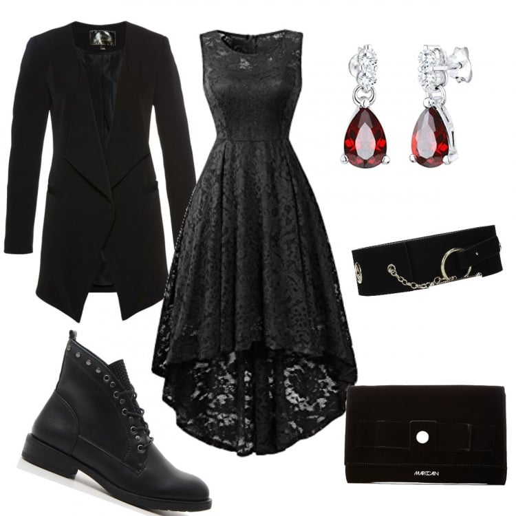 Outfit donna - Strega o vampiro. Stile Rock per Serata fuori. Abbinamento con blazer, cintura con strass nero, vestito con pizzo vita alta senza maniche, stivaletti, shopping bag, orecchini.