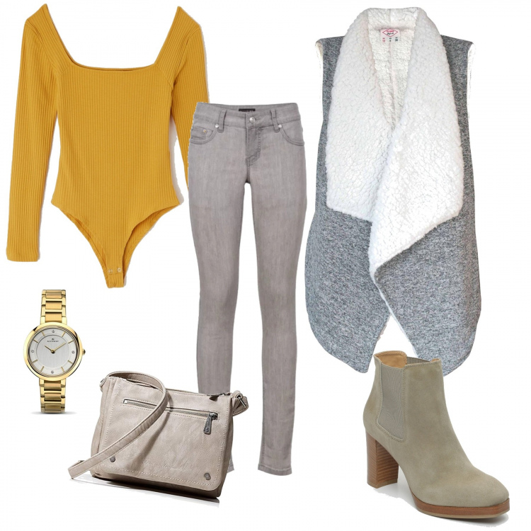 Outfit donna - Praticità. Stile Urban per Tutti i giorni. Abbinamento con jeans skinny, body a coste con tacco squadrato e scollo a maniche lunghe tinta unita senape, cappotto grigio, stivaletti kaki, borsa a tracolla con zip grigio, orologio analogico con cinturino in acciaio inox oro e argento.