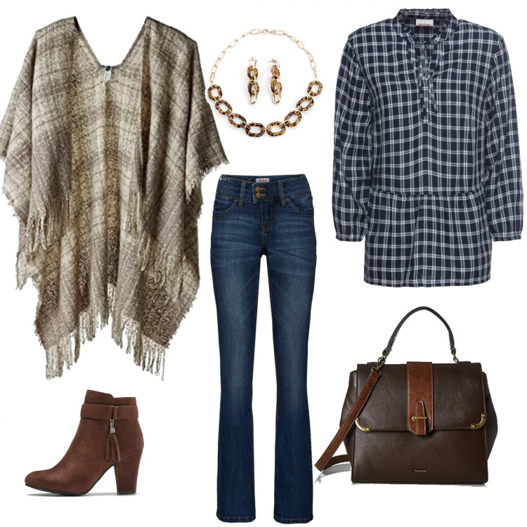 Outfit donna - Mondaystyle vintage. Stile Basic per Ufficio. Abbinamento con tunica blu, stivaletti con zip marrone, jeans bootcut, bluse, borse a mano, scialli.
