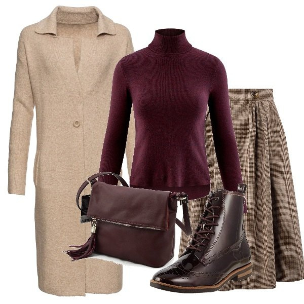 Outfit donna - Basic #18613. Stile Basic per Tutti i giorni. Abbinamento con cappotti, borsa a tracolla marrone, gonna midi con zip aderente beige, stivali marrone, maglioni.