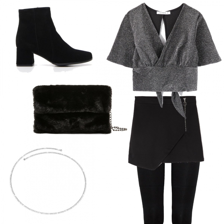 Outfit donna - night out. Stile Chic per Serata fuori. Abbinamento con gonna mini con zip nero, blusa, leggings, stivaletti, pelliccia con zip nero, collana girocollo.