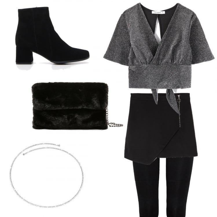 Outfit donna - night out. Stile Chic per Serata fuori. Abbinamento con gonna mini con zip nero, blusa, leggings, stivaletti, pelliccia con zip nero, collana girocollo.