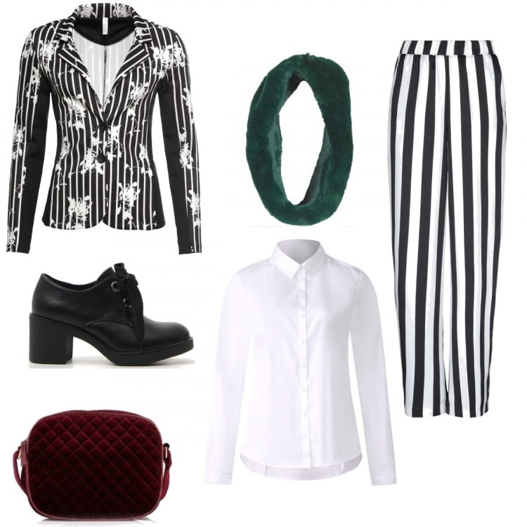 Outfit donna - Beetlejuice. Stile Urban per Serata fuori. Abbinamento con blazer, pantalone a righe in raso con tasche, sciarpe, scarpe stringate, borsa a tracolla bordeaux, blusa bianco.