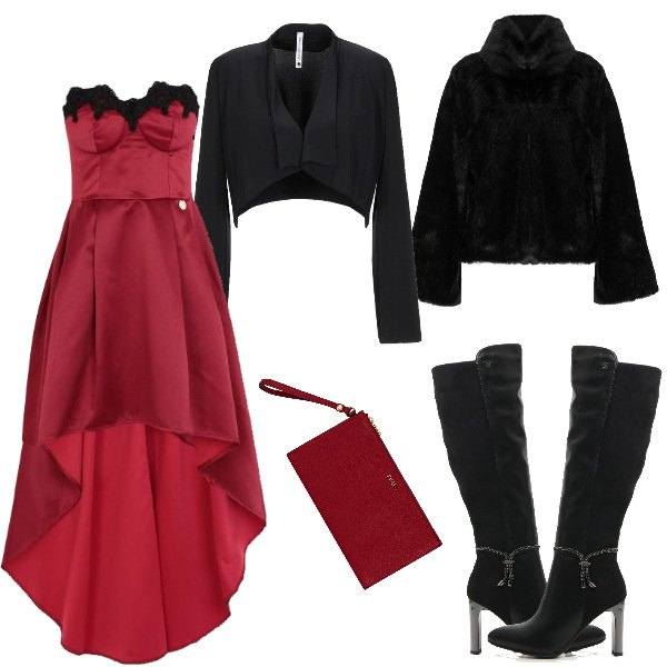 Outfit donna - Sexy #3837. Stile Sexy per Serata fuori. Abbinamento con vestito corto con pizzo senza maniche con zip interno sfoderato in raso tinta unita, ecopelliccia, blazer, pochette, stivali e anfibi.