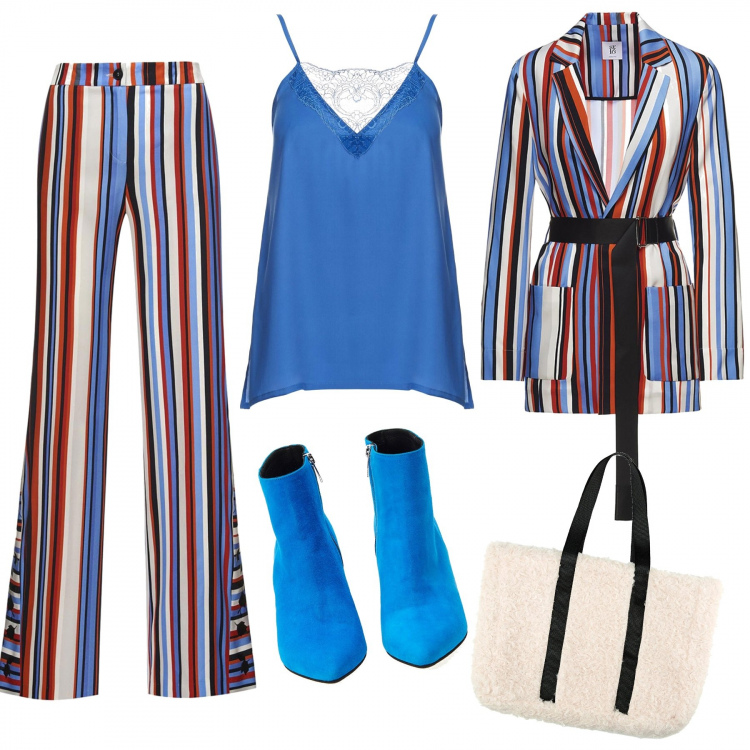 Outfit donna - Outfit pazzo. Stile Urban per Tutti i giorni. Abbinamento con pantalone con stampa multicolore, giacca a righe multicolore, tronchetti made italy in pelle blu e nero, top con pizzo effetto acetato con scollo in seta made italy blu, shopping bag maxi contrasto made italy marrone e nero.