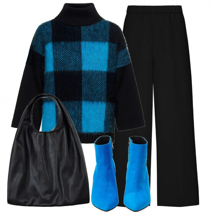 Outfit donna - Sfizio collection. Stile Trendy per Tutti i giorni. Abbinamento con maglia forma asimmetrica spacchi laterali a quadri collo alto in mohair, pantalone cropped con cinturino nero, tronchetti made italy in pelle blu e nero, shopping bag made italy animalier in ecopelle nero.