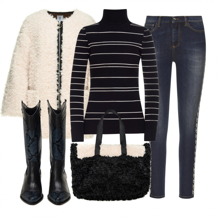 Outfit donna - È ora della pelliccia. Stile Trendy per Tutti i giorni. Abbinamento con cintura a sigaretta con ricamo e cinturino in denim bianco, stivali made italy con stampa nero e blu, bomber maxi contrasto con zip nero, shopping bag maxi contrasto made italy bianco e nero, maglioncino made italy a righe collo alto elasticizzato nero e bianco.
