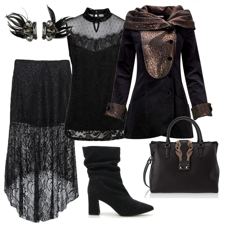 Outfit donna - Miss Dracula. Stile Rock per Serata fuori. Abbinamento con top con pizzo e scollo con spacco nero, gonna longuette, orecchini con strass a clip in ottone, blazer, stivaletti, borsa a mano tote nero.