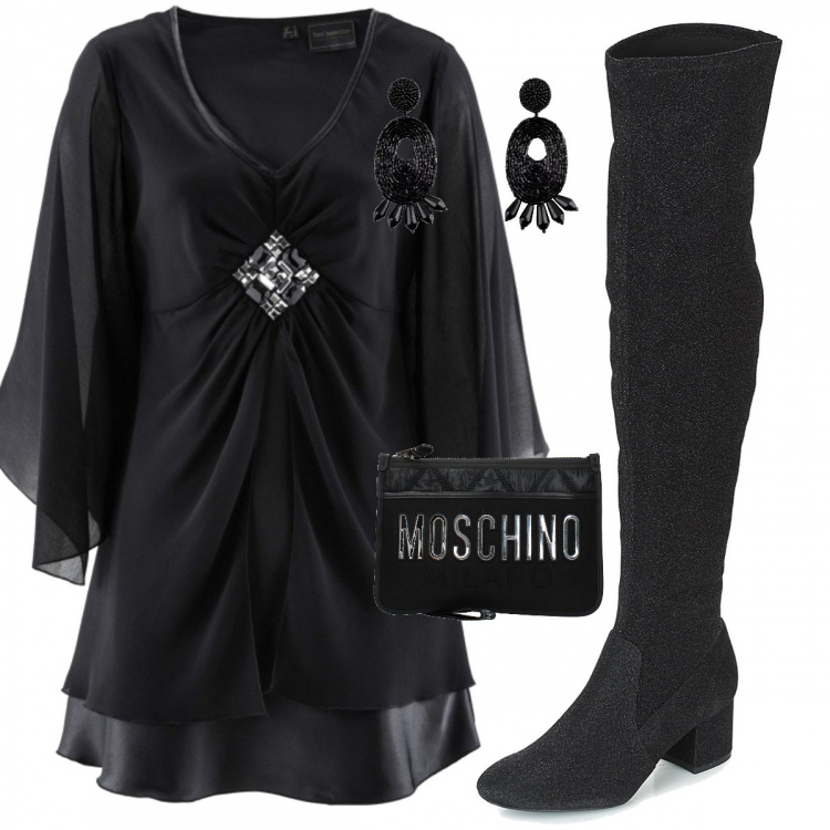 Outfit donna - Super glam. Stile Trendy per Serata fuori. Abbinamento con tuniche, orecchini, pochette con manico e logo frontale nero, stivali.