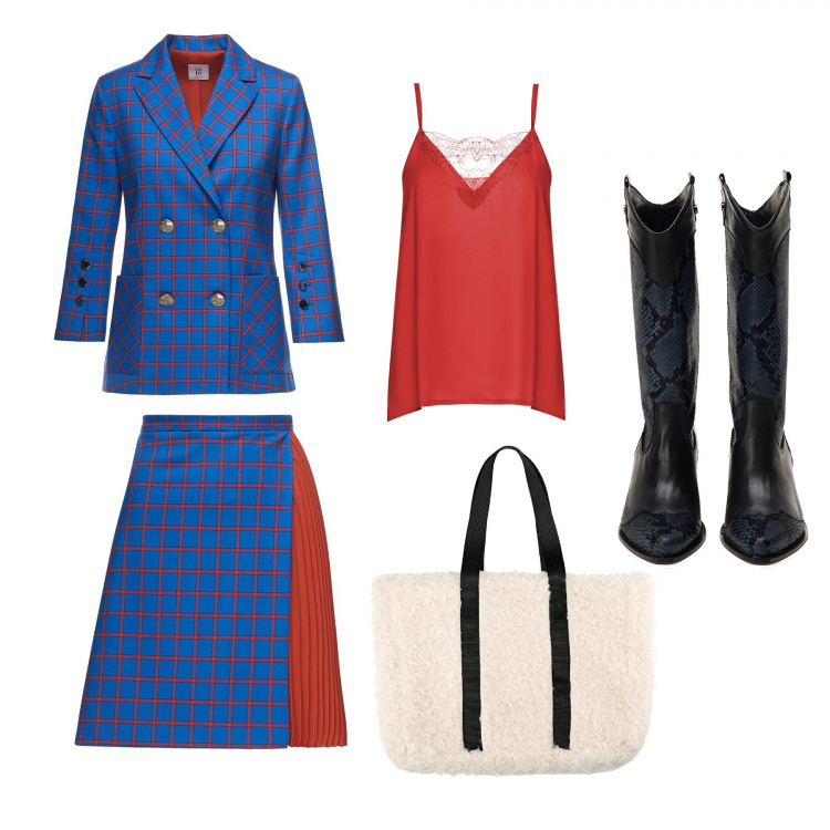 Outfit donna - Sfizio con personalità. Stile Trendy per Ufficio. Abbinamento con gonna al ginocchio made italy con stampa e zip fatto a mano blu e rosso, stivali made italy con stampa nero e blu, giacca doppiopetto con spacco e stampa a maniche lunghe con bottoni blu, shopping bag maxi contrasto made italy marrone e nero, top con pizzo effetto acetato con scollo in seta made italy rosso.