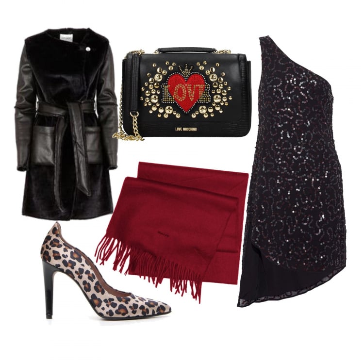 Outfit donna - Halloween party. Stile Sexy Abbinamento con vestito con paillettes scollatura profonda senza maniche con zip interno foderato crêpe, borse a spalla, cappotto nero, scarpe beige e oro, sciarpa.