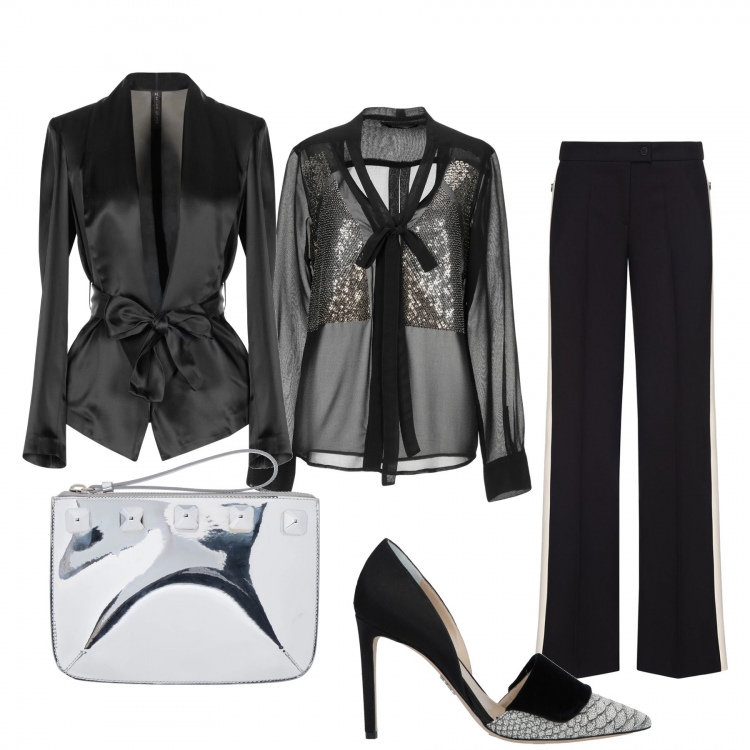 Outfit donna - Chic #17344. Stile Chic per Serata fuori. Abbinamento con blazer, décolleté fantasia con tacco spillo a punta in velluto, camicie, borse a mano, pantalone a palazzo.