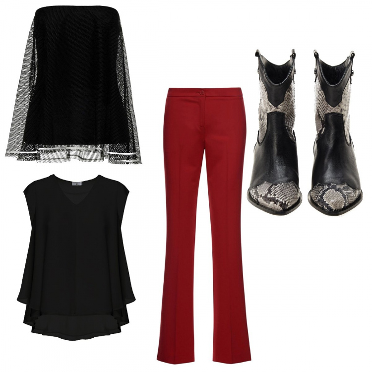 Outfit donna - Sfizio collection. Stile Rock per Serata fuori. Abbinamento con top made italy contrasto a rete aderente nero e bianco, stivaletti nero e bianco, pantalone a zampa contrasto con cinturino rosso, blusa con scollo a maniche corte nero.