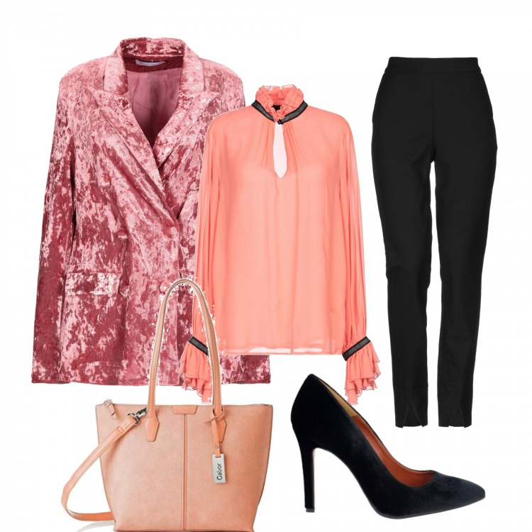 Outfit donna - Etnico #2835. Stile Etnico per Ufficio. Abbinamento con pantaloni, blusa con arricciature effetto laminato collo alto a maniche lunghe interno foderato in viscosa senza tasche crêpe, giacca doppiopetto a maniche lunghe interno foderato in ciniglia tinta unita, sandali nero, borsa a spalla arancione.