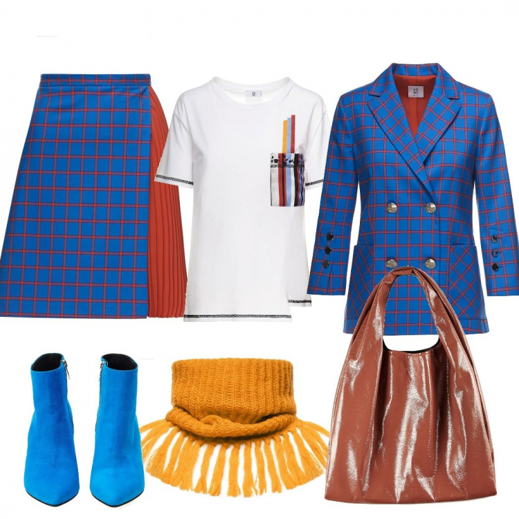 Outfit donna - Tutti i giorni. per Tutti i giorni. Abbinamento con gonna al ginocchio made italy con stampa e zip fatto a mano blu e rosso, t-shirt made italy fantasia bianco e blu, giacca doppiopetto con spacco e stampa a maniche lunghe con bottoni blu, tronchetti made italy in pelle blu e nero, sciarpa made italy con frange in mohair oro, shopping bag made italy in ecopelle nero.