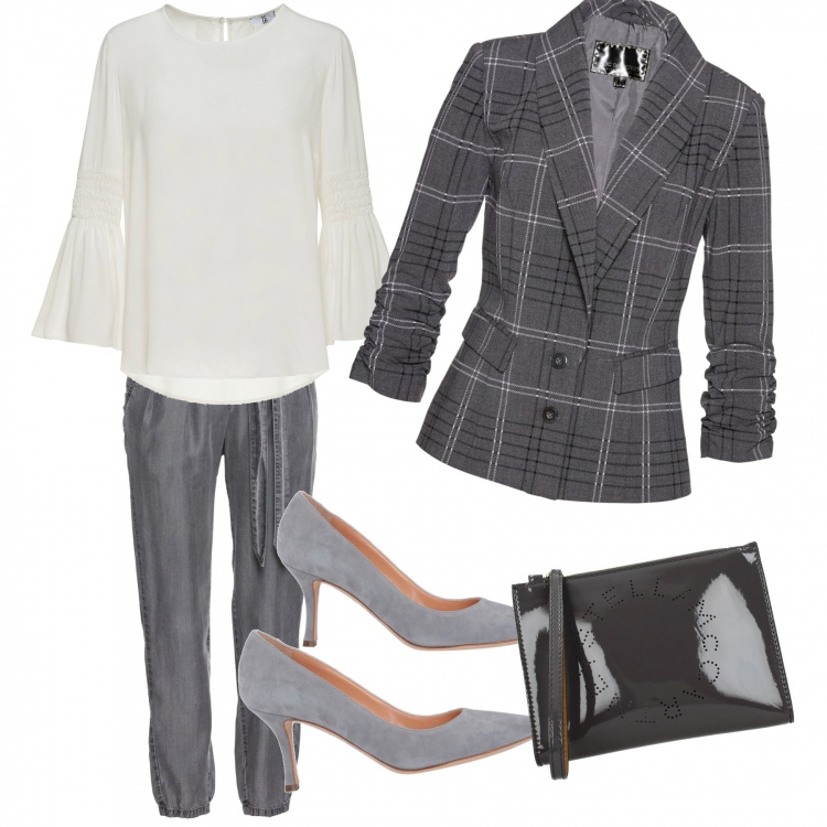 Outfit donna - Elegantemente grigio. Stile Urban per Ufficio. Abbinamento con décolleté, pantaloni, top, pochette, blusa made italy effetto acetato con scollo in seta bianco.