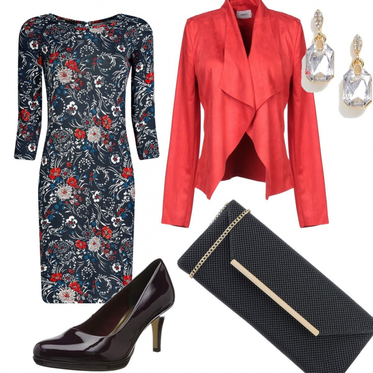 Outfit mujer - Invitada ceremonia. Estilo Sexy para Ceremonia. Combinación con vestito, zapatos de tacón, giacca, borsa a tracolla, pendientes petite.