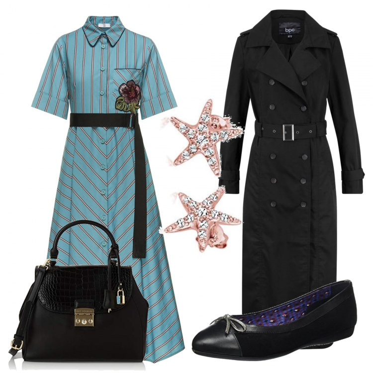 Outfit donna - Al ristorante cinese. Stile Trendy per Serata fuori. Abbinamento con trench, vestito, ballerine nero, orecchini, borse a mano.