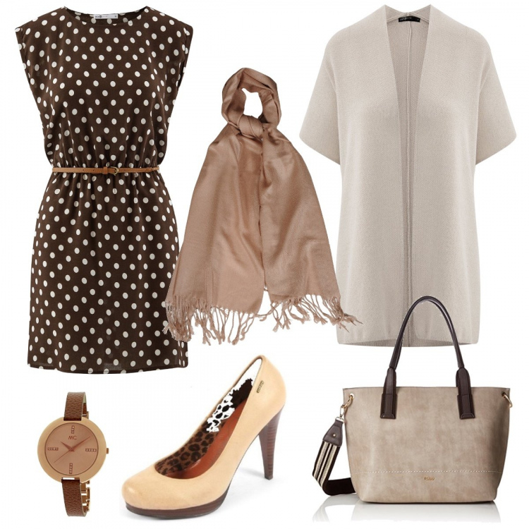 Outfit mujer - A topos!. Estilo Chic para Oficina. Combinación con vestito, pantalone beige, borsa a mano beige, relojes analógicos, zapatos de tacón, bufandas.