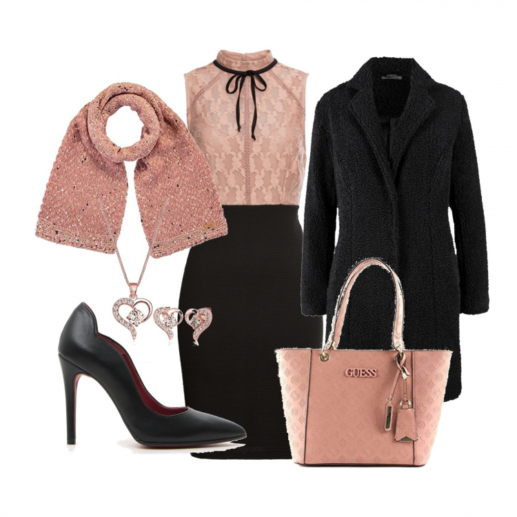 Outfit donna - Outfit donna trendy per serata fuori. Stile Bon Ton per Serata fuori. Abbinamento con vestiti midi/longuette, cappotti, borsa a mano tote rosa, décolleté sport effetto scamosciato nero, ciondolo, sciarpe.