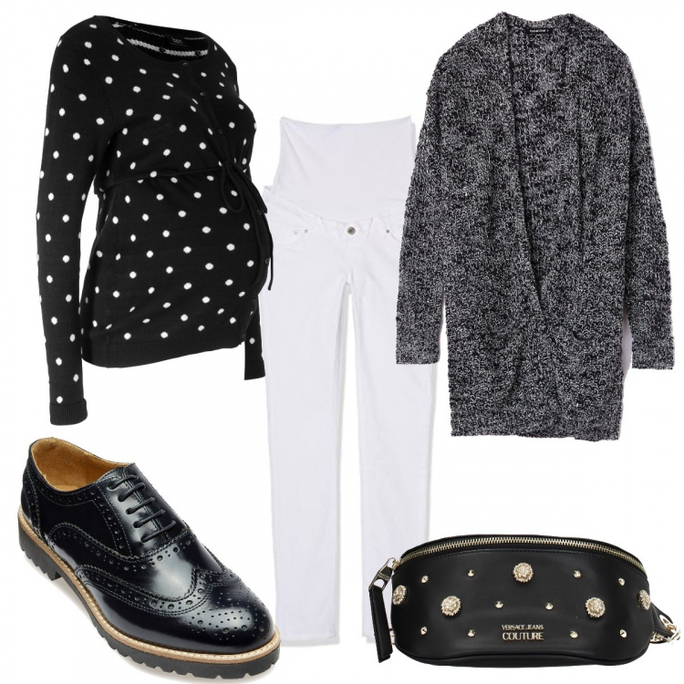 Outfit donna - Mamma sempre in giro. Stile Basic per Tutti i giorni. look ideale per Premaman. Abbinamento con vestiti corti, cardigan maxi tinta unita nero, zaino, scarpe richelieu blu, jeans.