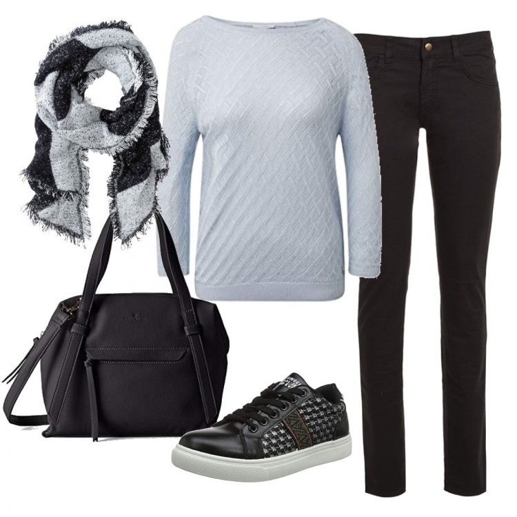 Outfit donna - Oggi spesa. Stile Basic per Tutti i giorni. Abbinamento con sciarpe, sneakers nero, felpa, shopping bag nero, pantaloni.