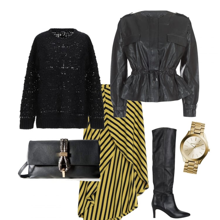 Outfit mujer - Noche de concierto. Estilo Rock para Noche/Fiesta elegante. Combinación con orologio, clutch nero, giacca, faldas largas, botas y anfibios, pullover jersey.