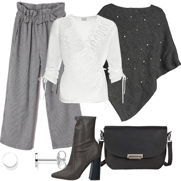 Outfit donna - Comoda. Stile Basic per Tutti i giorni. Abbinamento con stivaletti con tacco squadrato e zip con punta tonda in pelle sintetica tinta unita, jeans bootcut, borsa a tracolla grigio, pantalone paper bag fantasia nero, cappotti, orecchini in sterling 925 argento.