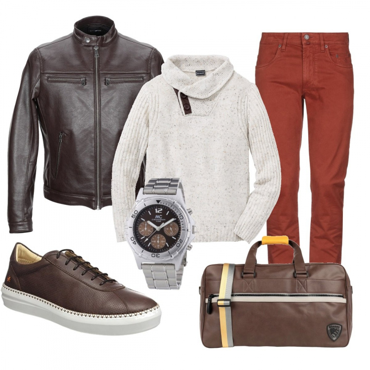 Outfit uomo - Viaggio di lavoro. Stile Trendy per Ufficio. Abbinamento con maglieria, giubbotto collo coreana a maniche lunghe con zip interno foderato in pelle sintetica tinta unita, pantalone con zip tinta unita, borse sportive, scarpe con stringhe da ginnastica marrone, orologi.