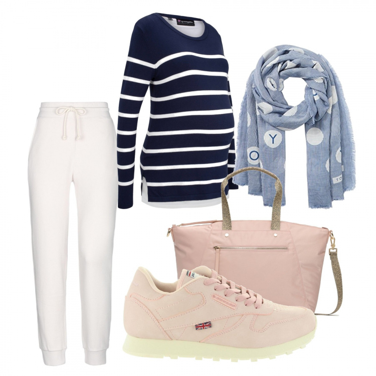 Outfit donna - Maternity sprint. Stile Basic per Tutti i giorni. Abbinamento con maglieria, pantalone lungo, borsa a mano con zip e tracolla regolabile rosa, sneakers, sciarpa a righe blu.