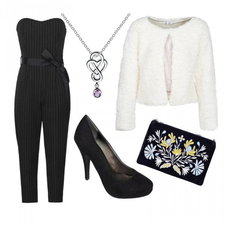 Outfit mujer - Noche de teatro. Estilo Chic para Noche/Fiesta elegante. Combinación con collana, giacca, cuerpo, zapatos de tacón, cintura.