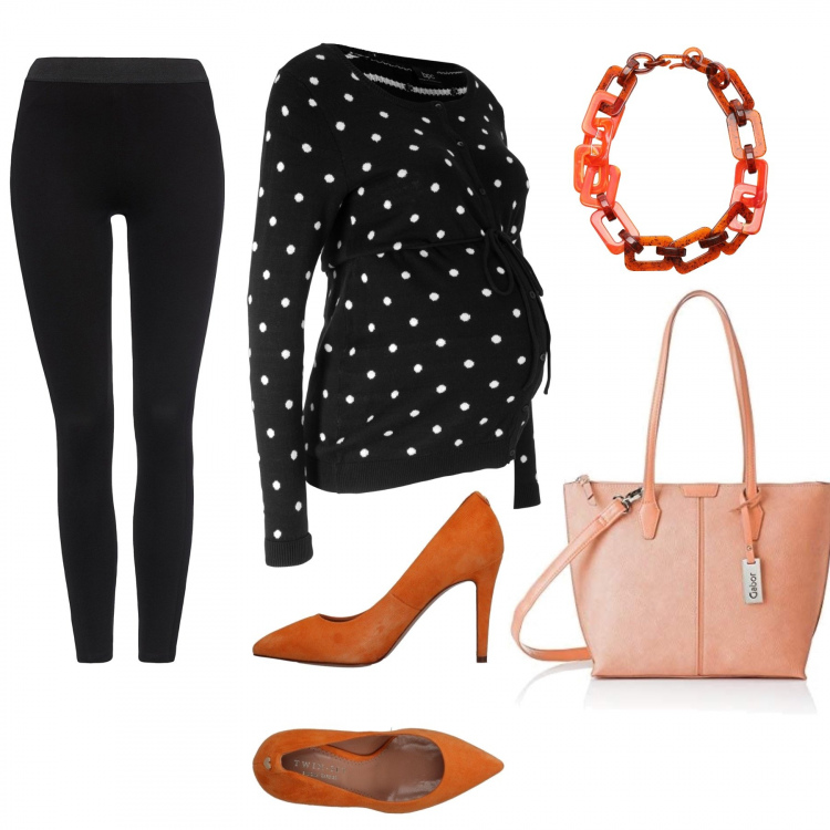 Outfit donna - Maternity sprint. Stile Trendy per Tutti i giorni. look ideale per Premaman. Abbinamento con décolleté, collana, vestiti corti, leggings con fasce nero, borsa a spalla arancione.