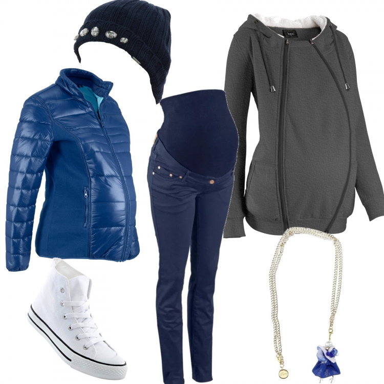 Outfit donna - Maternità winter style. Stile Basic per Tutti i giorni. look ideale per Premaman. Abbinamento con blazer, pantaloni skinny, cappotti, sneakers alte, ciondoli, berretto blu.