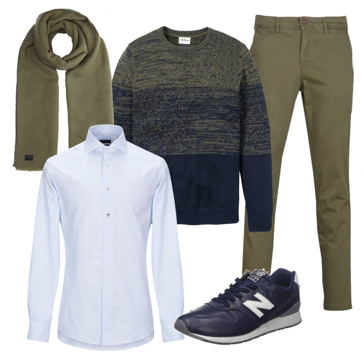 Outfit uomo - In green. Stile Casual per Tutti i giorni. Abbinamento con maglieria, camicia collo classico a maniche lunghe in cotone tinta unita, pantaloni chino, sneakers blu, sciarpa.