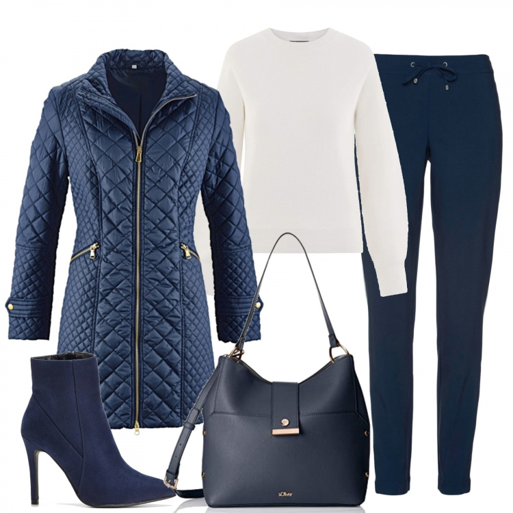 Outfit donna - Impeccabile in ufficio. Stile Trendy per Ufficio. Abbinamento con blazer, pantalone con bande laterali contrasto con coulisse blu, stivaletti con tacco alto e zip blu, maglione aderente bianco, borsa a mano.