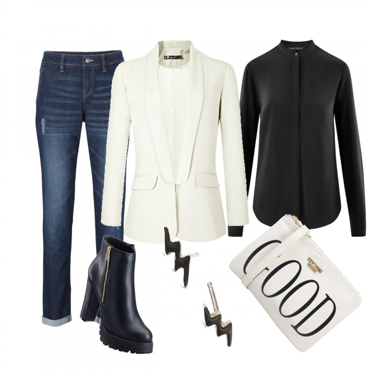 Outfit donna - Bianco+nero+jeans. Stile Urban per Tutti i giorni. Abbinamento con jeans boyfriend, stivaletti, borsa a tracolla mini con stampa e zip interno foderato tinta unita, blazer, camicetta collo coreana nero, orecchini.