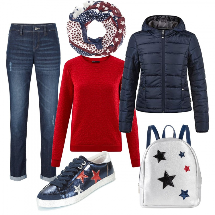 Outfit donna - Quante stelle!. Stile Basic per Tutti i giorni. Abbinamento con jeans boyfriend, gonne, cardigans, scarpe blu, giubbotto, felpa effetto testurizzato rosso.