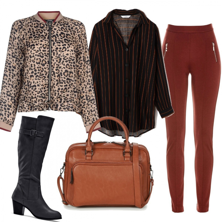 Outfit donna - Il giubborto maculato. Stile Trendy per Tutti i giorni. Abbinamento con stivali, vestiti, camicia maxi a righe collo classico nero, borsa, bomber.