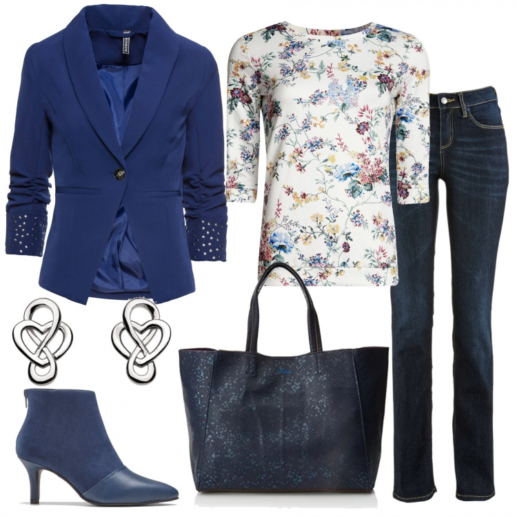 Outfit donna - Blazer con le borchie. Stile Trendy per Serata fuori. Abbinamento con jeans dritti, blazer con borchie, stivaletti, pullovers, borsa a mano navy, orecchini a perno con nodi argento.