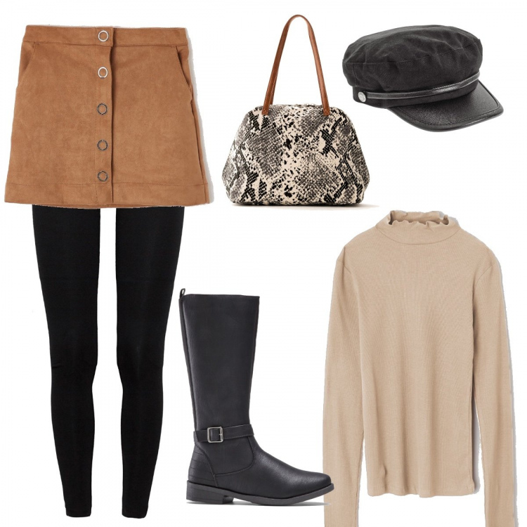 Outfit donna - sfumature d’autunno. Stile Chic per Tutti i giorni. Abbinamento con stivali, borsa a mano con zip argento, berretti, t-shirt a coste con scollo a maniche lunghe tinta unita beige, gonna mini tinta unita, leggings.