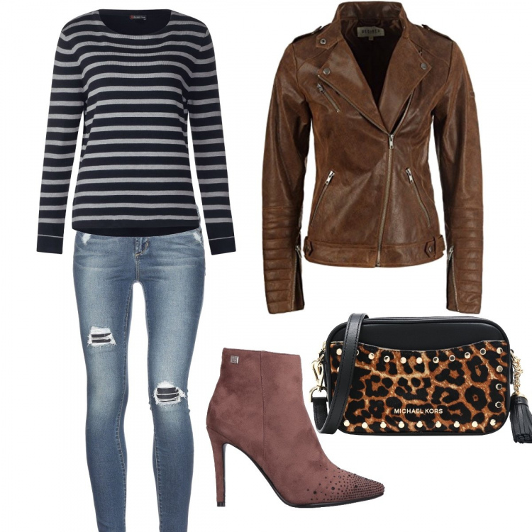 Outfit mujer - Vamos al cine!!!. Estilo Rock para Noche/Fiesta elegante. Combinación con cintura jersey, maglioncino jersey multicolore e blu, borsa a tracolla mini in pelle, botas y anfibios con strass, pantalone in denim.